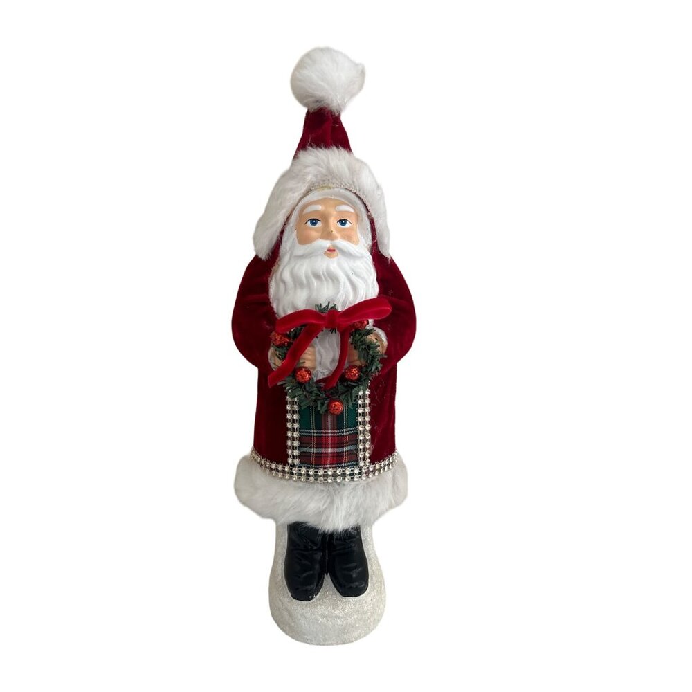 Vintage Santa Claus Figurine Holding Wreath  Christmas Decor